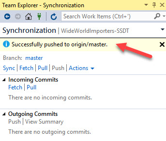 In Team Explorer - synchronization, A callout points to the message, Successfully pushed to origin/master.
